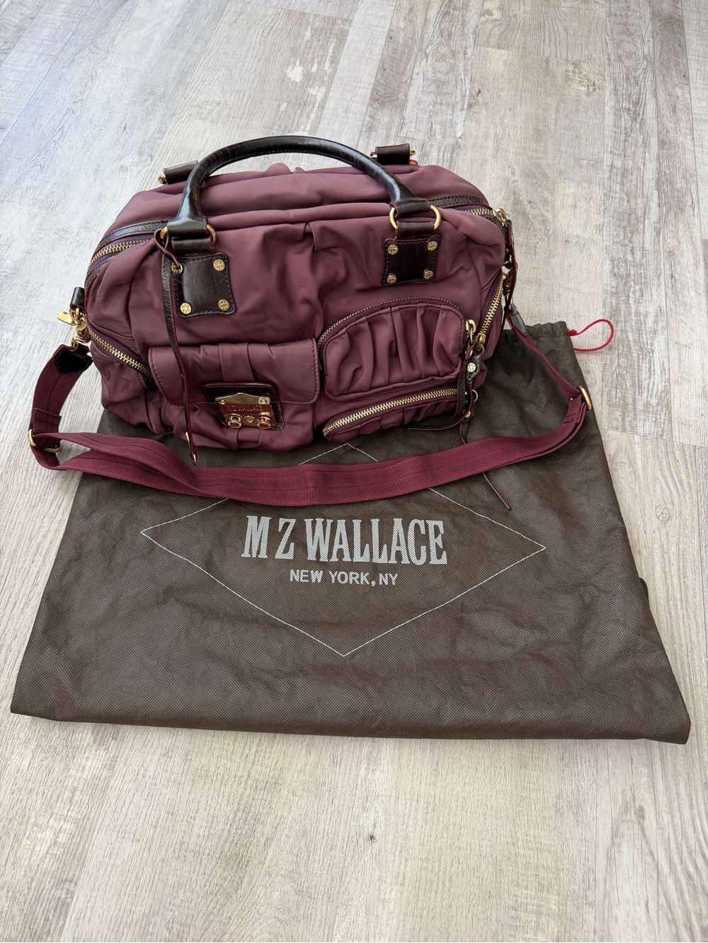 MZ Wallace Burgundy Nylon Shoulder Satchel with Gold Hardware